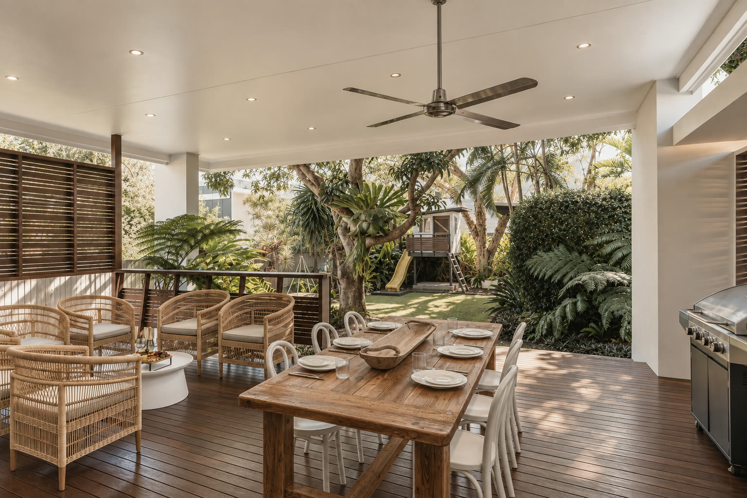 Covered Brisbane outdoor entertaining area with a timber dining table, rattan seating and a lush garden